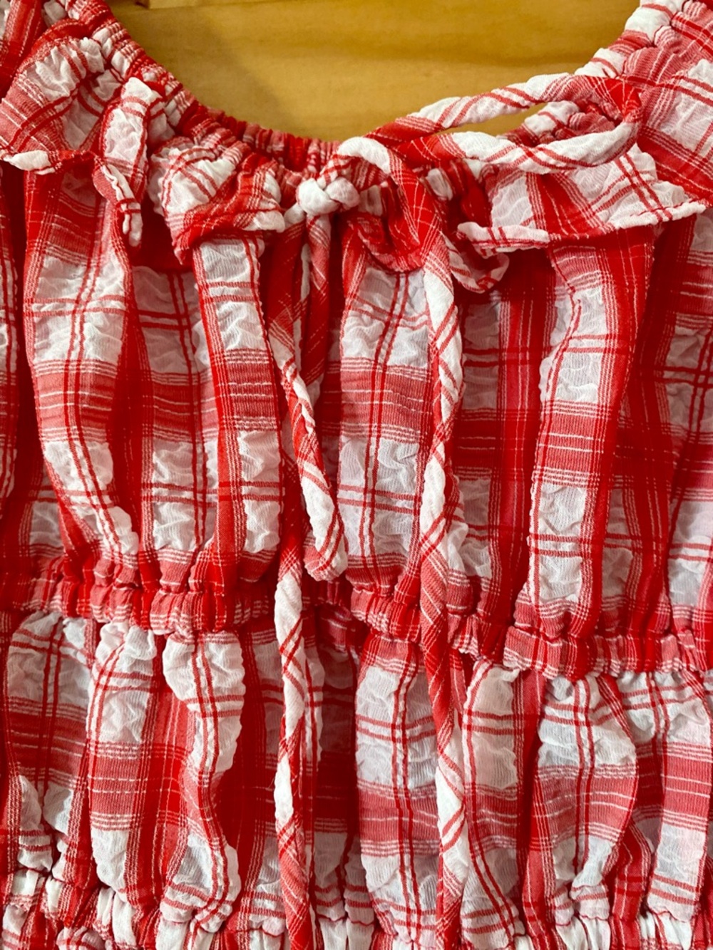 En Saison Red Plaid Smocked Milkmaid Top Puff Sleeve Peplum Cottagecore S - Picture 4 of 13